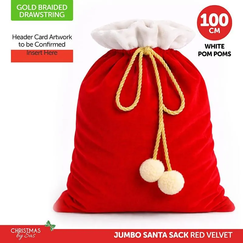 Christmas Jumbo Santa Sack Red Velvet with Gold Braided Drawstring with Pom-Poms 100cm X 70cm – image 4