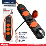 Christmas Power Board IP44 Rated 3 Outlets with Surge Protection & 2 USB Ports (usb-a & Usb-c) 1 Metre Cord Black 240V 10A Max Load 2400W USB Output 5V 2.1A – image 3