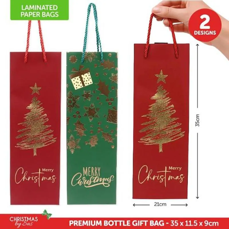 Gift Bag Premium Foil Christmas Bottle Bags 35cm X 11.5cm X 9cm 2 Assorted Designs – image 4