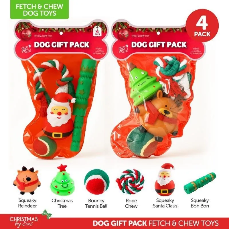Christmas Pet Gift Set 4pk 2 Assorted Sets (Each Set Includes 2 Squeaky Toys, 1 Tennis Ball & a Rope Toy) – image 4