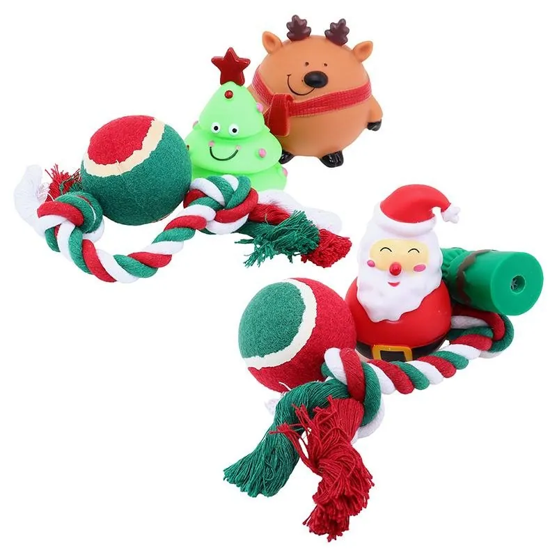 Christmas Pet Gift Set 4pk 2 Assorted Sets (Each Set Includes 2 Squeaky Toys, 1 Tennis Ball & a Rope Toy) – image 2