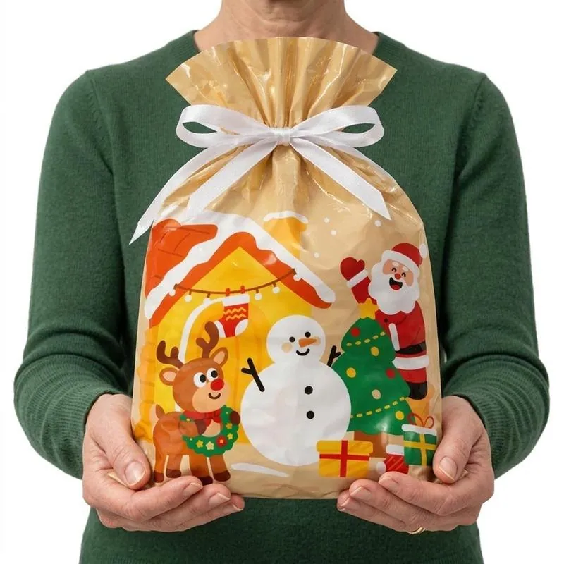Christmas 2pk Small Foil Gift Bag with Drawstring & Gift Tag (24cm X 32cm) 2 Assorted Designs – image 3