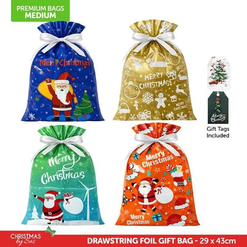Christmas 2pk Medium Foil Gift Bag with Drawstring & Gift Tag (29cm X 43cm) 2 Assorted Designs – image 4