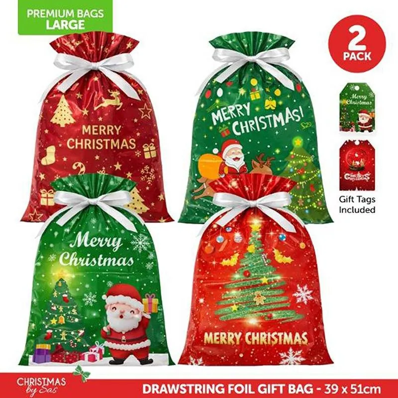 Christmas 2pk Large Foil Gift Bag with Drawstring & Gift Tag (39cm X 51cm) 2 Assorted Designs – image 4
