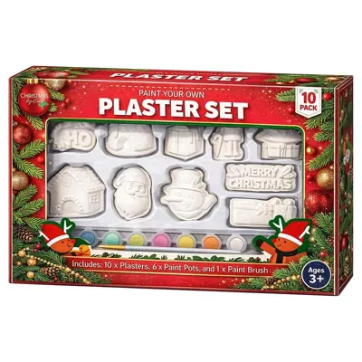 Christmas Paint Your Own Plaster Set Includes 10 X Christmas Plasters, 8 X Paint Pots and 1 X Paint Brush