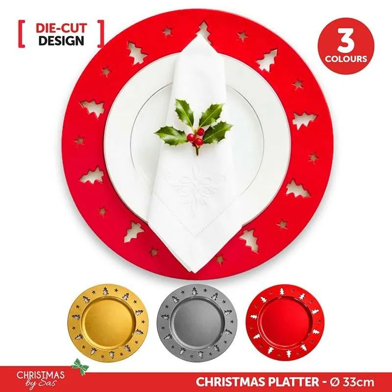 Christmas Plate 33cm Christmas Tree & Star Die-Cut Design 3 Assorted Colours (Gold, Silver& Red) – image 2