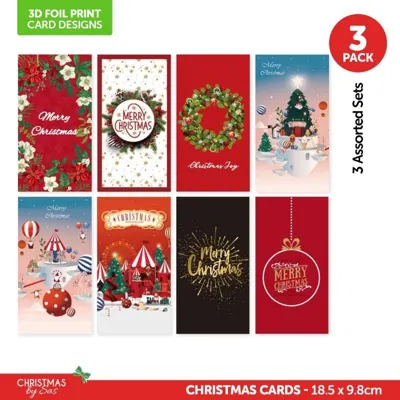 Christmas Cards 3D Foil Print 3 Assorted Sets 9.8cm X 18.5cm 3pk