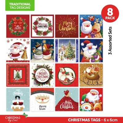 Christmas Tags 3 Assorted Sets 6cm X 6cm 8pk