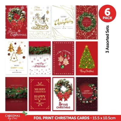 Christmas Cards Foil Print 3 Assorted Sets 10.5cm X 15.5cm 6pk
