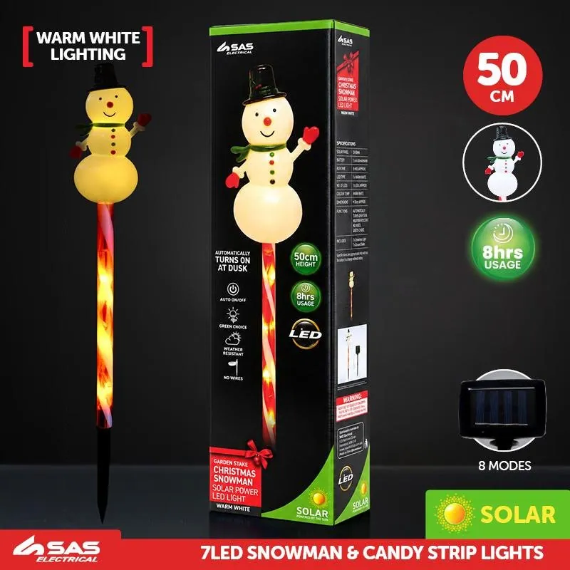 Stake Light Solar Christmas Snowman with Candy Stripe Stake 7LED 14cm X 8.5cm X 50cm Warm White 8 Functions – image 4