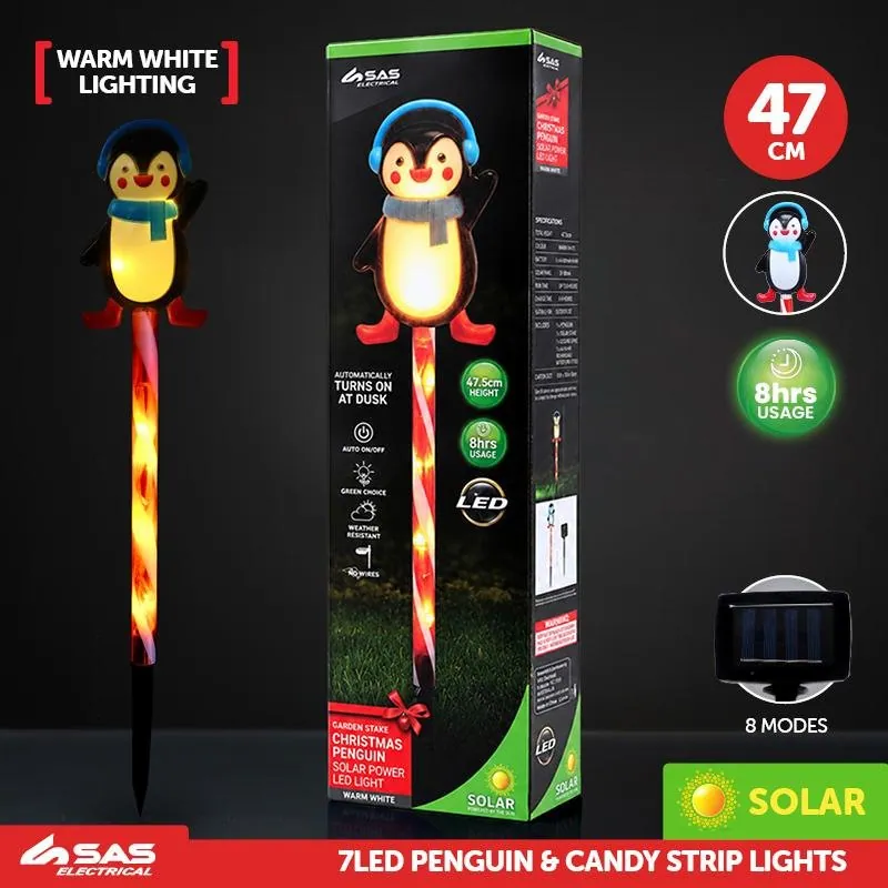 Stake Light Solar Christmas Penguin with Candy Stripe Stake 7LED 12cm X 7.5cm X 47cm Warm White 8 Functions – image 4