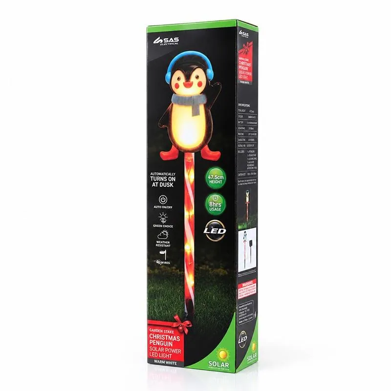 Stake Light Solar Christmas Penguin with Candy Stripe Stake 7LED 12cm X 7.5cm X 47cm Warm White 8 Functions – image 3