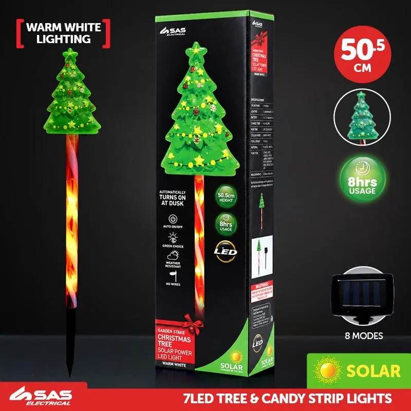 Stake Light Solar Christmas Tree with Candy Stripe Stake 7LED 14cm X 9.4cm X 50.5cm Warm White 8 Functions – image 4