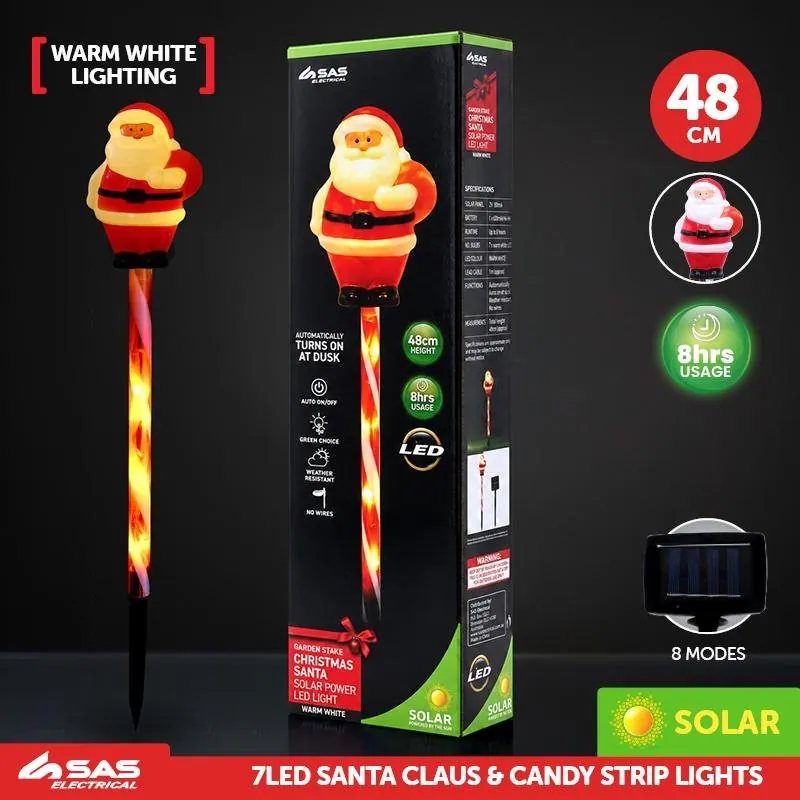 Stake Light Solar Christmas Santa with Candy Stripe Stake 7LED 11cm X 8cm X 48cm Warm White 8 Functions – image 4