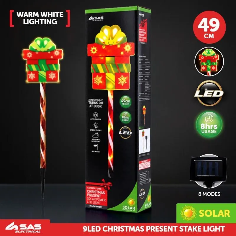 Stake Light Solar Christmas Present with Candy Stripe Stake 9LED 10.2cm X 12.5cm X 49cm Warm White 8 Functions – image 4