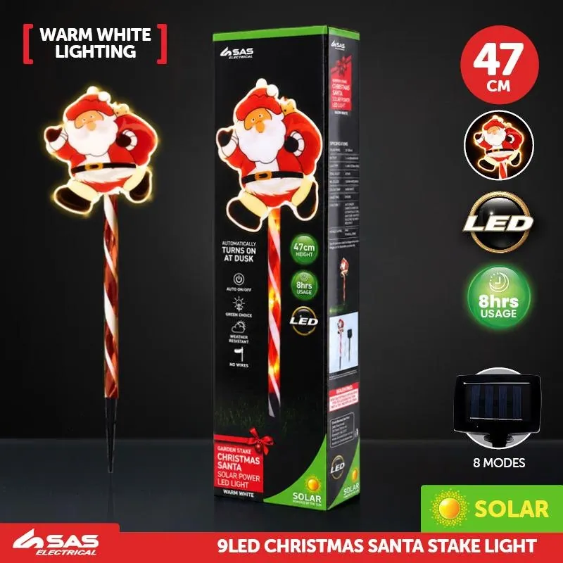 Stake Light Solar Christmas Santa with Candy Stripe Stake 9LED 10.5cm X 13cm X 47cm Warm White 8 Functions – image 4