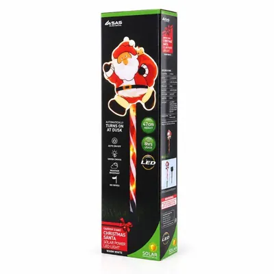 Stake Light Solar Christmas Santa with Candy Stripe Stake 9LED 10.5cm X 13cm X 47cm Warm White 8 Functions