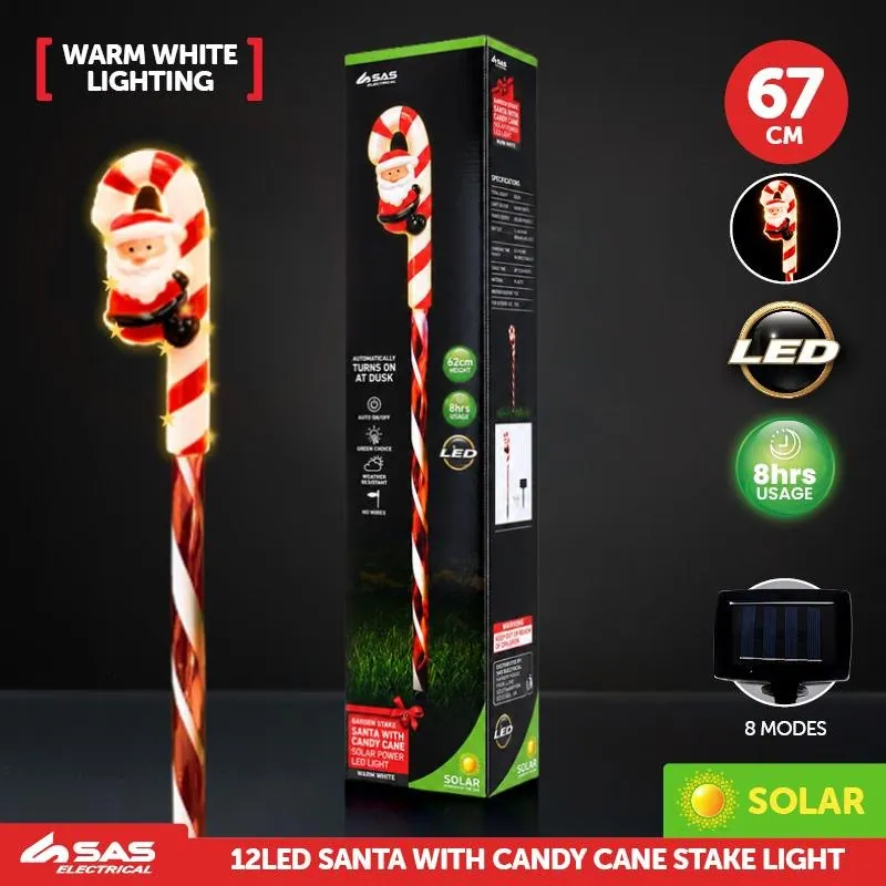 Stake Light Solar Christmas Santa with Candy Cane & Candy Stripe Stake 12LED 9cm X 5.5cm X 67cm Warm White 8 Functions – image 4