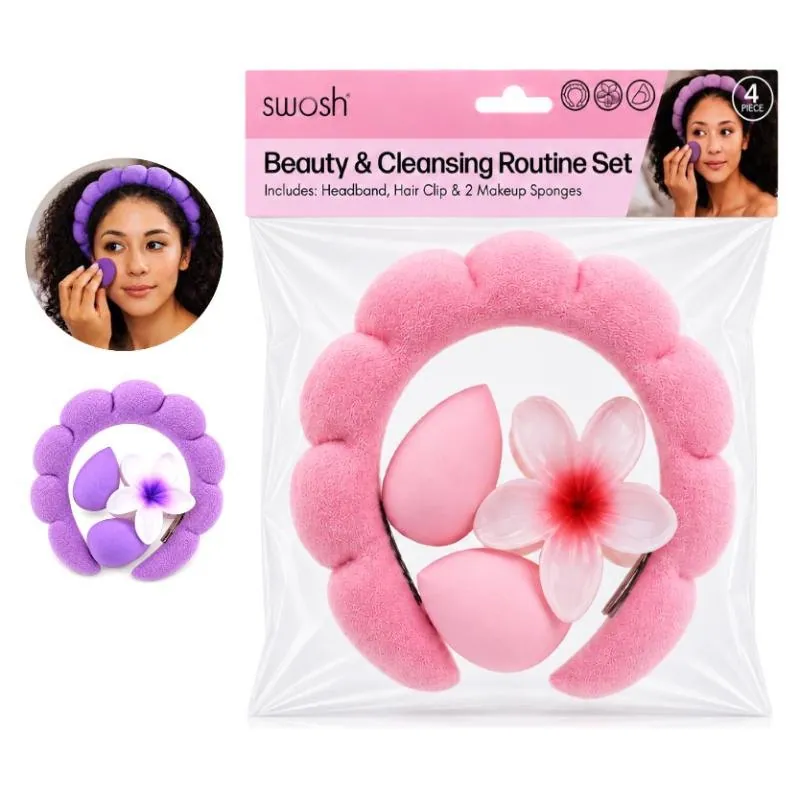 Beauty & Cleansing Routine Set 4pc - Includes: 1x Headband, 1x Hair Clip, 2x Makeup Blending Sponges - Assorted Colours: Pink & Purple – image 3