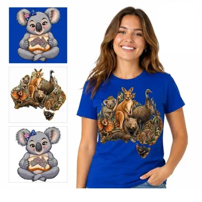 Ladies Australiana Graphic T-Shirt, 2 Designs, Blue & White, Sizes S–xxl