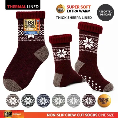 Socks Adults Heat Control Extra Thick Sherpa Lined Anti-Slip Crew Cut Traditional Knit Pattern Assorted Colours