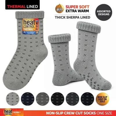 Socks Adults Heat Control Extra Thick Anti-Slip Crew Cut Plain Assorted Colours