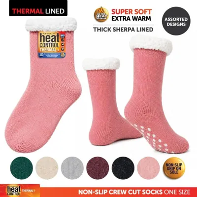Socks Adults Heat Control Extra Thick Sherpa Lined Anti-Slip Crew Cut Plain Assorted Colours