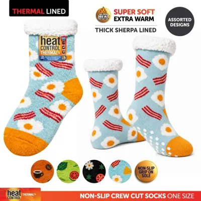 Socks Adults Heat Control Extra Thick Sherpa Lined Anti-Slip Crew Cut Food Print Assorted Colours