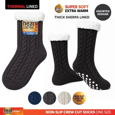 Socks Adults Heat Control Extra Thick Sherpa Lined Anti-Slip Crew Cut Cable Knit Assorted Colours