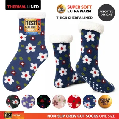 Socks Adults Heat Control Extra Thick Sherpa Lined Anti-Slip Crew Cut Floral Assorted Colours