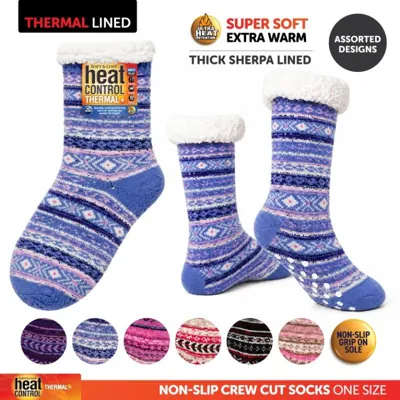 Socks Adults Heat Control Extra Thick Sherpa Lined Anti-Slip Crew Cut Fair Isle Assorted Colours