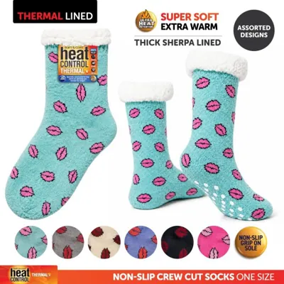 Socks Adults Heat Control Extra Thick Sherpa Lined Anti-Slip Crew Cut Lip Print Assorted Colours
