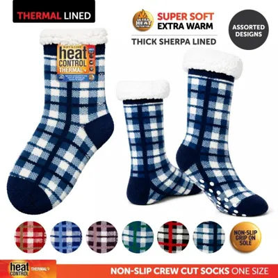 Socks Adults Heat Control Extra Thick Sherpa Lined Anti-Slip Crew Cut Check Assorted Colours