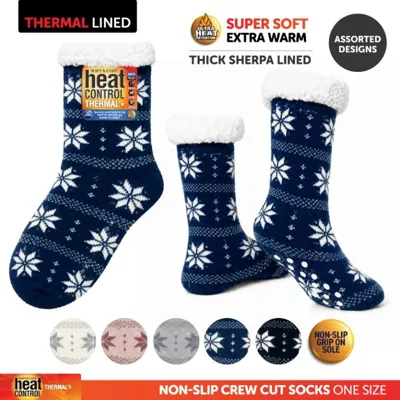 Socks Adults Heat Control Extra Thick Sherpa Lined Anti-Slip Crew Cut Snowflake Assorted Colours