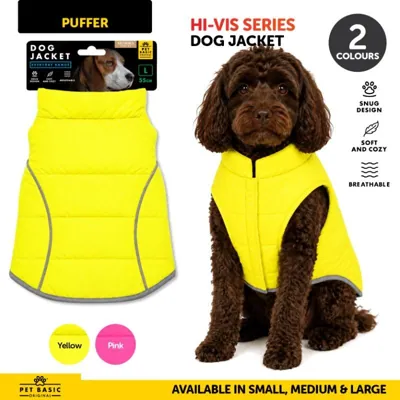 Dog Jacket Puffer Hi-Vis Pink & Yellow 35cm (s), 45cm (m) & 55cm (l)