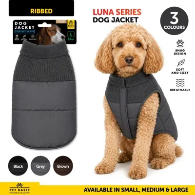 Dog Jacket Ribbed Luna Series Black, Grey & Brown 35cm (s), 45cm (m) & 55cm (l)