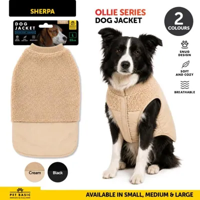 Dog Jacket Sherpa Ollie Series Cream & Black 35cm (s), 45cm (m) & 55cm (l)
