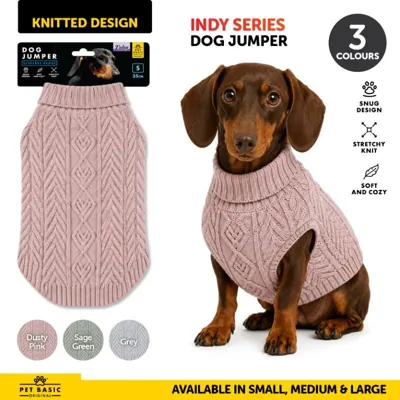 Dog Jumper Knitted Design Indy Series Grey, Sage Green & Dusty Pink 25cm, 35cm & 45cm
