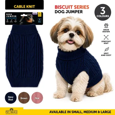 Dog Jumper Classic Cable Knit Biscuit Series Navy Blue, Pink & Brown 25cm, 35cm & 45cm