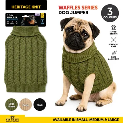 Dog Jumper Heritage Knit Waffles Series Beige, Sage Green & Black 25cm, 35cm & 45cm