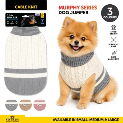 Dog Jumper Stripe Trim Cable Knit Murphy Series Beige, Grey & Pink 25cm, 35cm & 45cm