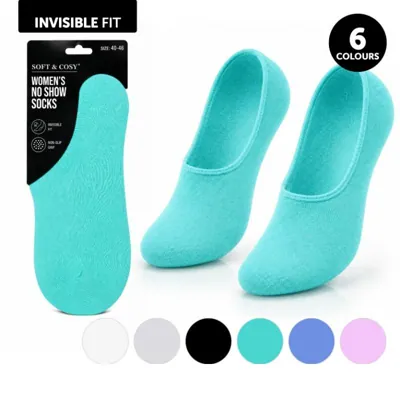 Socks Womens No Show Aus 4-9 White, Light Grey, Black, Green, Blue & Pink