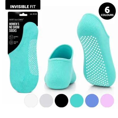 Socks Womens No Show Non-Slip Aus 4-9 White, Light Grey, Black, Green, Blue & Pink