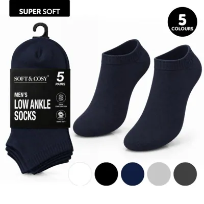 Socks Mens Low Ankle 5pk White, Black, Navy Blue, Light Grey, Dark Grey
