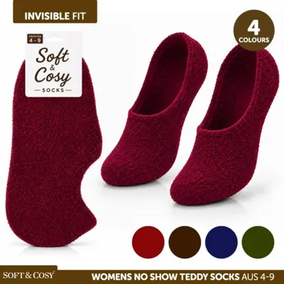 Socks Womens Teddy No Show Socks Series 1 Maroon, Brown, Navy Blue, Camo Green