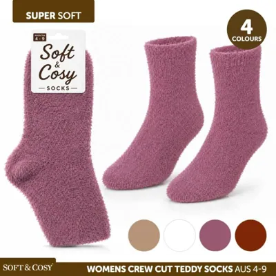 Socks Womens Crew Cut Teddy Fluffy Ivory, White, Violet & Orange