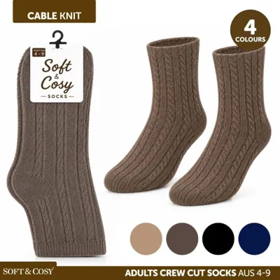 Socks Adult Crew Cut Cable Knit Beige, Brown, Black & Navy Blue