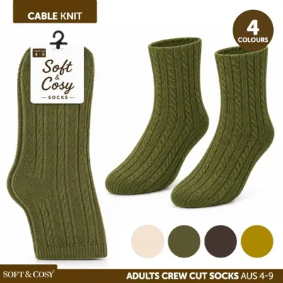 Socks Adult Crew Cut Cable Knit Cream, Olive Green, Brown & Mustard