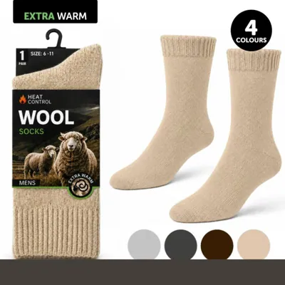 Socks Mens Heat Control Wool Blend Classic Crew Cut Light Grey, Dark Gey Brown & Beige