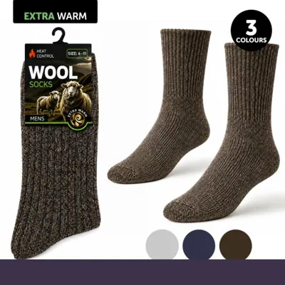 Socks Mens Heat Control Wool Blend Everyday Essential Plain Knit Crew Cut Brown, Blue & Grey